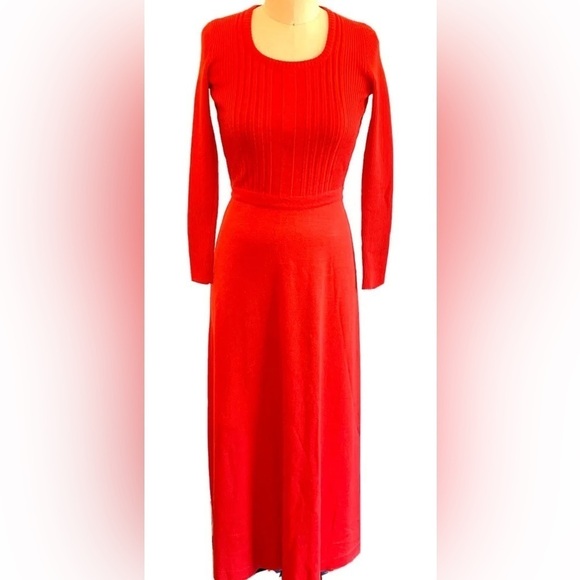 Aristo Kat Knit Dress Sz 14 Long Red/Orange Wool/Acrylic Back Zip - Picture 2 of 12